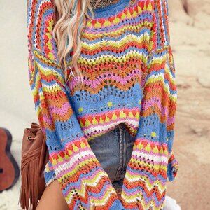 Multicolor Casual Women's Color Block Hollow Out Knit Loose Pullover